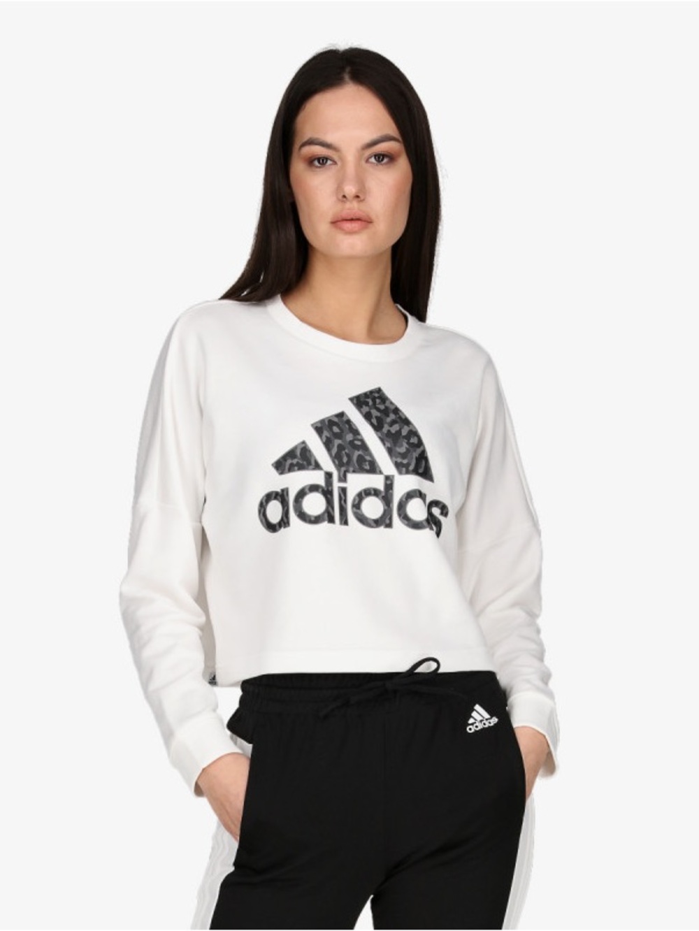 Adidas Leopard Logo Graphic Sweatshirt in White/Grey/Black Size Medium